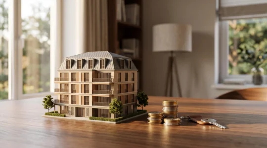 Maquette architecturale de résidence avec services posée à côté de pièces de monnaie symbolisant la réduction d'impôt immobilière