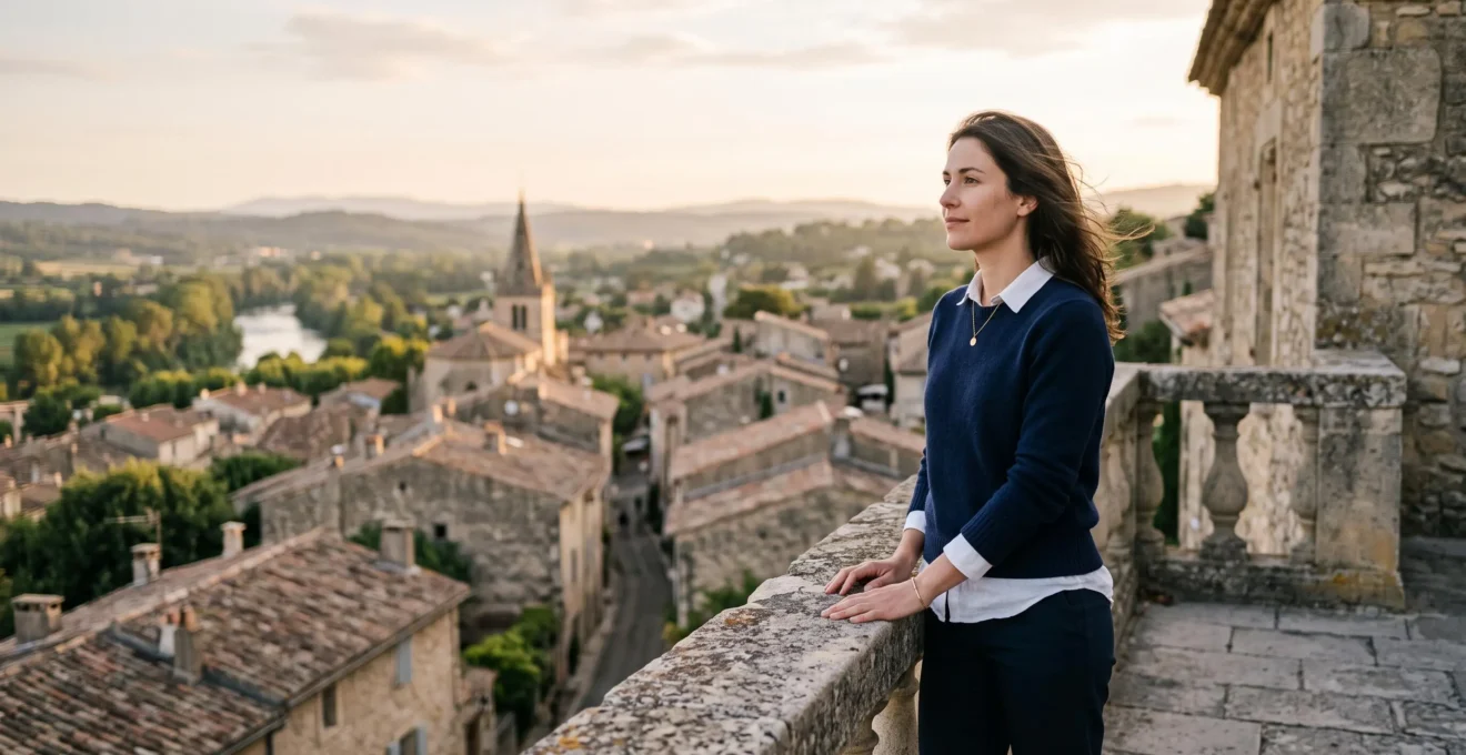 Investisseur contemplant le panorama d'une ville moyenne française au coucher du soleil, symbole d'un potentiel de rendement locatif de 7 pourcent