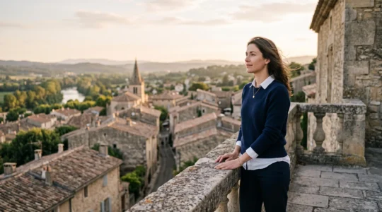 Investisseur contemplant le panorama d'une ville moyenne française au coucher du soleil, symbole d'un potentiel de rendement locatif de 7 pourcent