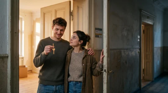 Jeune couple recevant les clés de leur premier logement, symbole du financement partiel par un prêt à taux zéro prolongé