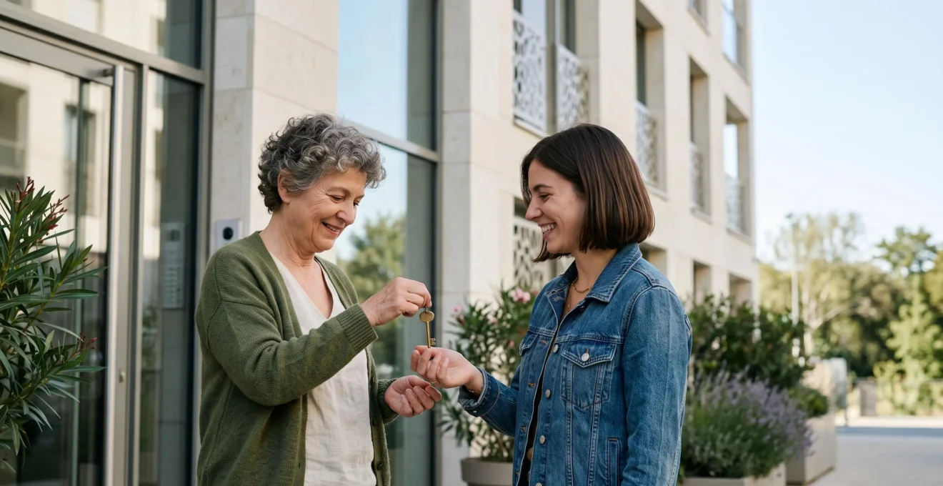 Parent et enfant adulte devant un appartement neuf, symbole de la location Pinel en famille
