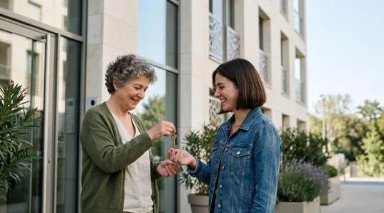 Parent et enfant adulte devant un appartement neuf, symbole de la location Pinel en famille