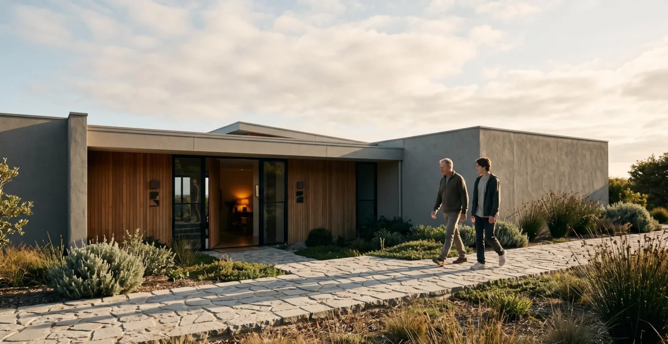 Maison de plain-pied moderne avec allée douce sans marche menant à l'entrée, illustrant l'autonomie et l'accessibilité pour bien vieillir chez soi