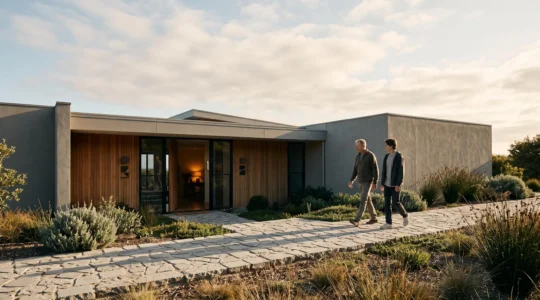 Maison de plain-pied moderne avec allée douce sans marche menant à l'entrée, illustrant l'autonomie et l'accessibilité pour bien vieillir chez soi