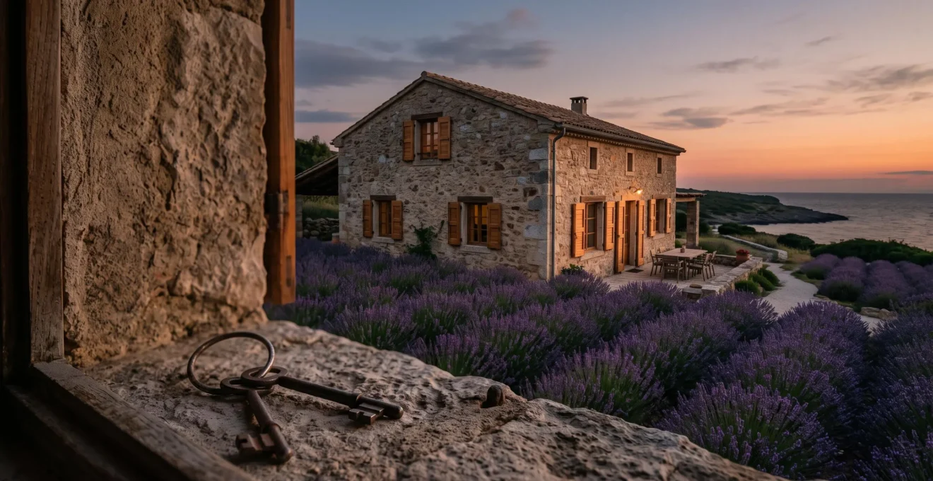 Charmante maison de campagne en pierre au coucher du soleil, symbolisant la gestion fiscale d'une résidence secondaire