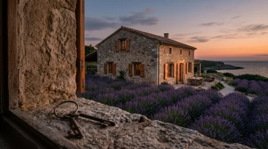 Charmante maison de campagne en pierre au coucher du soleil, symbolisant la gestion fiscale d'une résidence secondaire