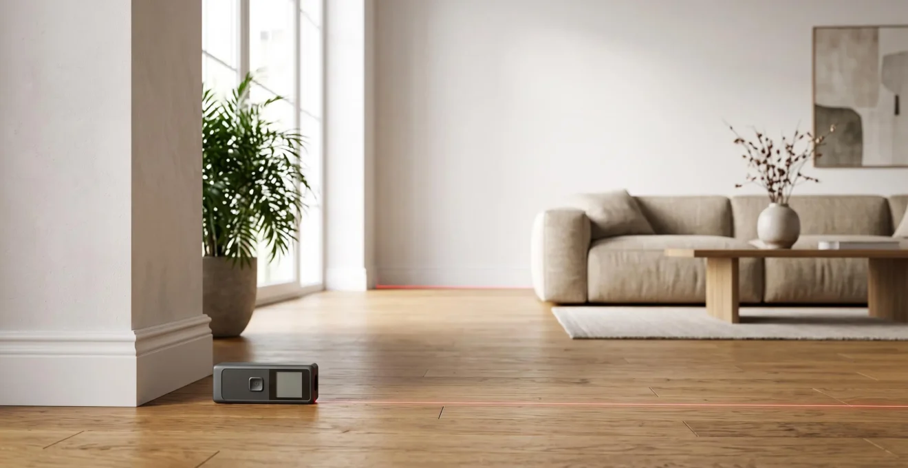 Interieur lumineux d'un appartement avec un metre laser pose sur le sol illustrant la precision du mesurage immobilier