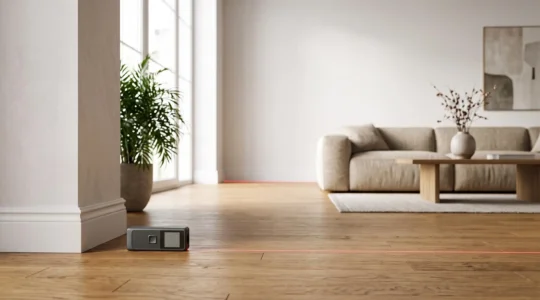 Interieur lumineux d'un appartement avec un metre laser pose sur le sol illustrant la precision du mesurage immobilier