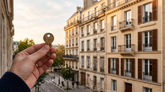Une main tenant une clé face à un immeuble d'appartements, symbolisant la négociation du juste prix immobilier