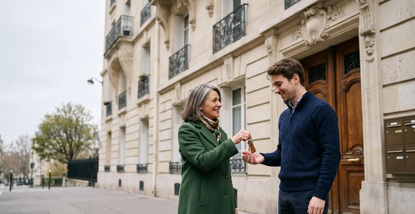 Parent remettant les clés d'un appartement à son enfant adulte devant une porte d'entrée, symbolisant la location familiale encadrée