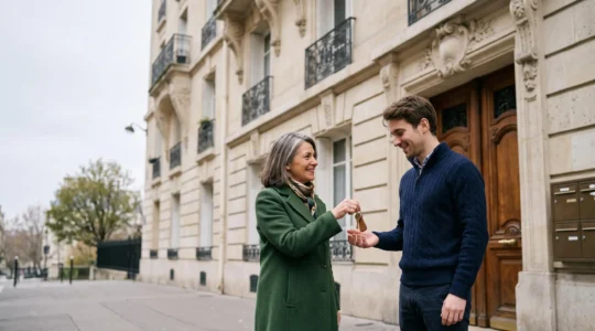 Parent remettant les clés d'un appartement à son enfant adulte devant une porte d'entrée, symbolisant la location familiale encadrée