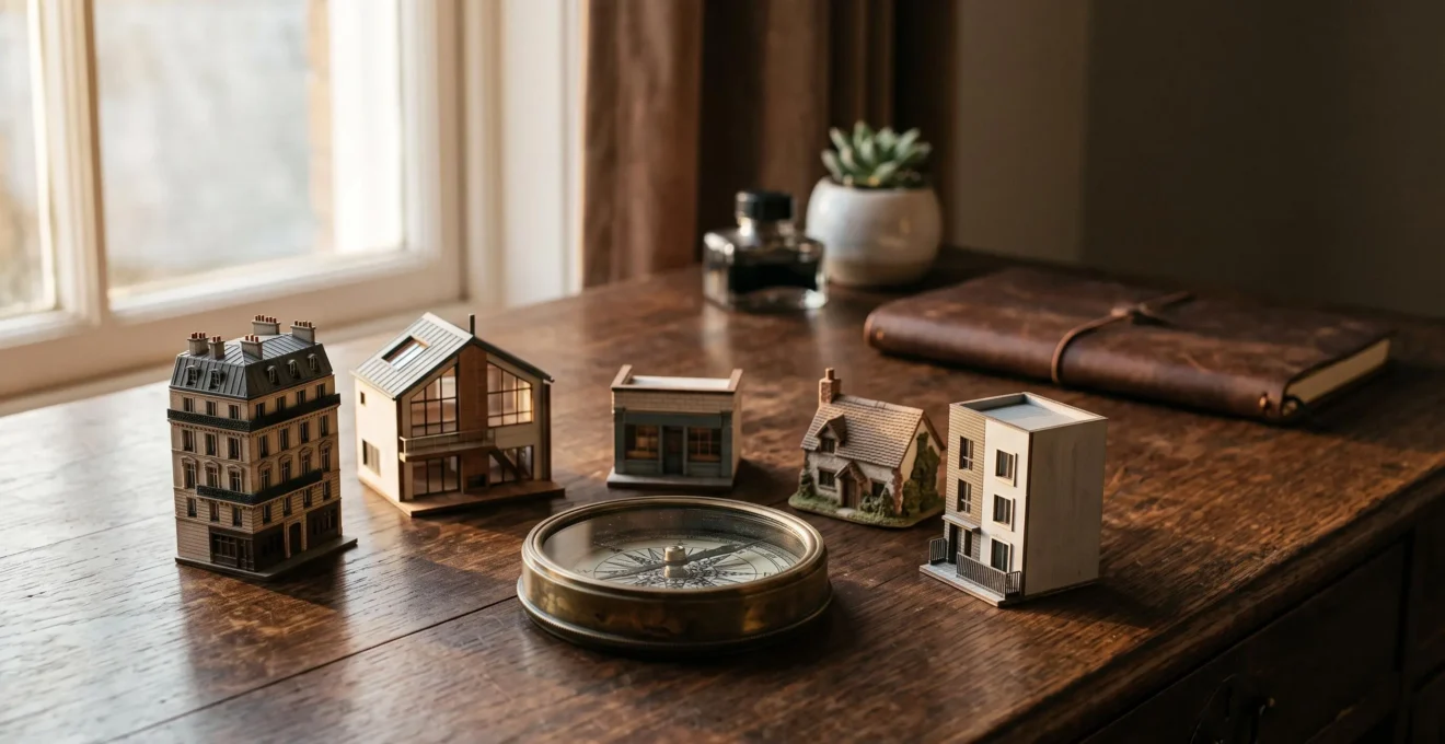Vue symbolique d'un investisseur pilotant plusieurs biens immobiliers miniatures représentant la diversification patrimoniale