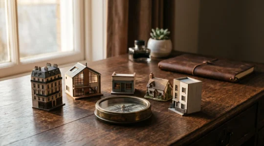 Vue symbolique d'un investisseur pilotant plusieurs biens immobiliers miniatures représentant la diversification patrimoniale