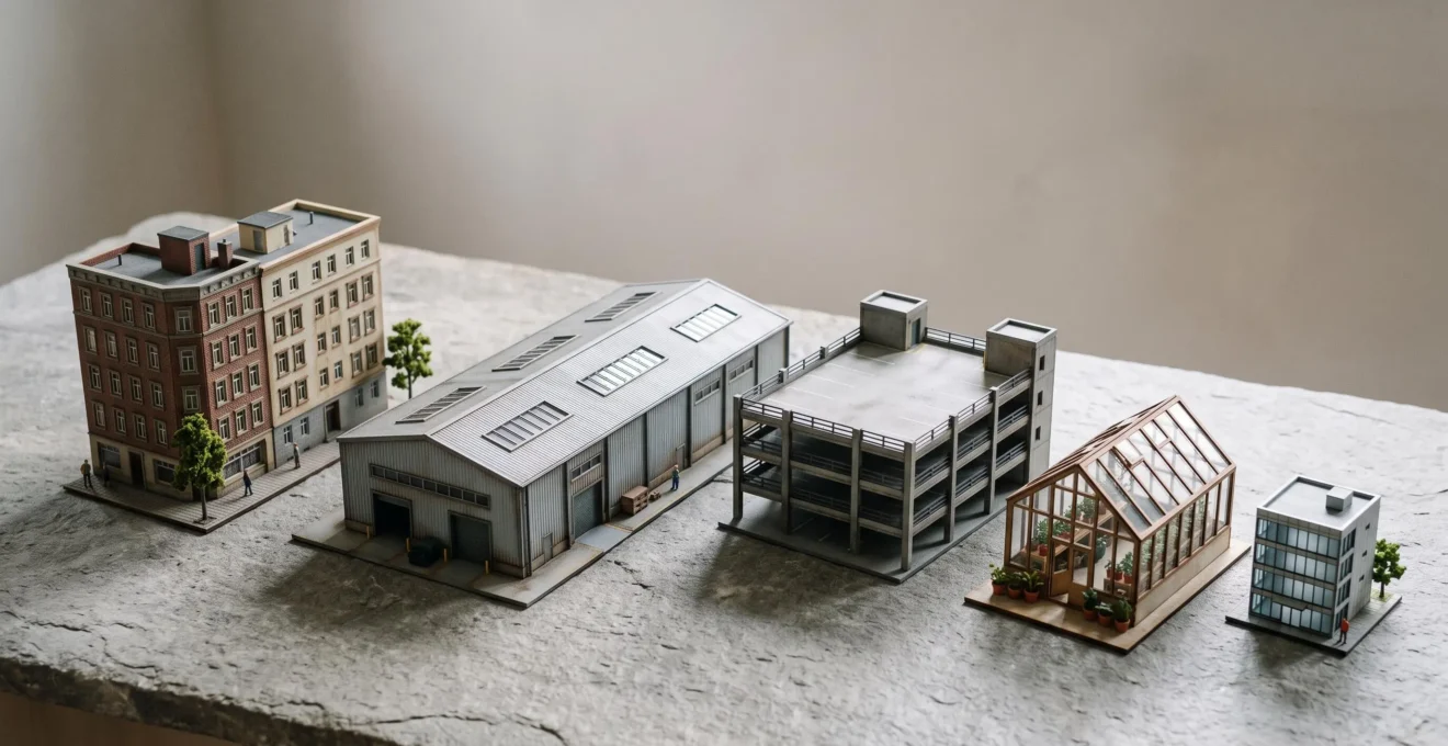 Composition symbolique représentant la diversification d'un patrimoine immobilier avec différents types de biens miniatures