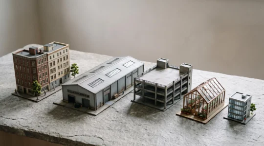 Composition symbolique représentant la diversification d'un patrimoine immobilier avec différents types de biens miniatures