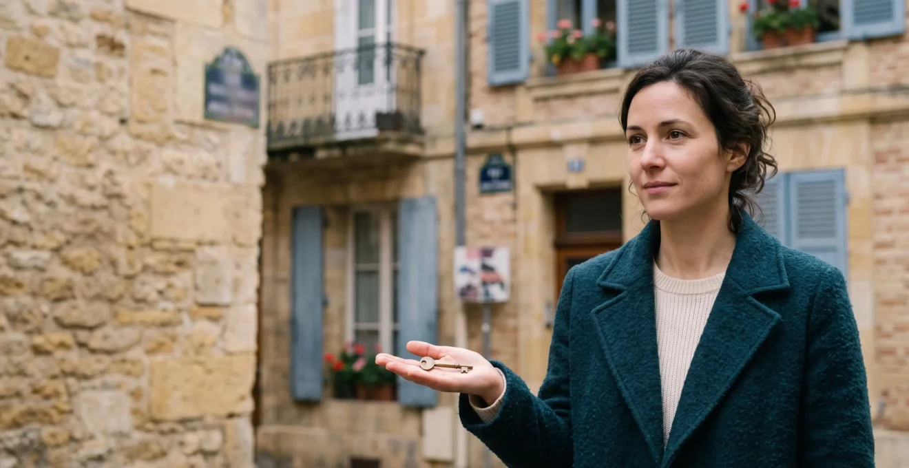 Jeune investisseur recevant les cles de son premier bien locatif devant un immeuble residentiel francais