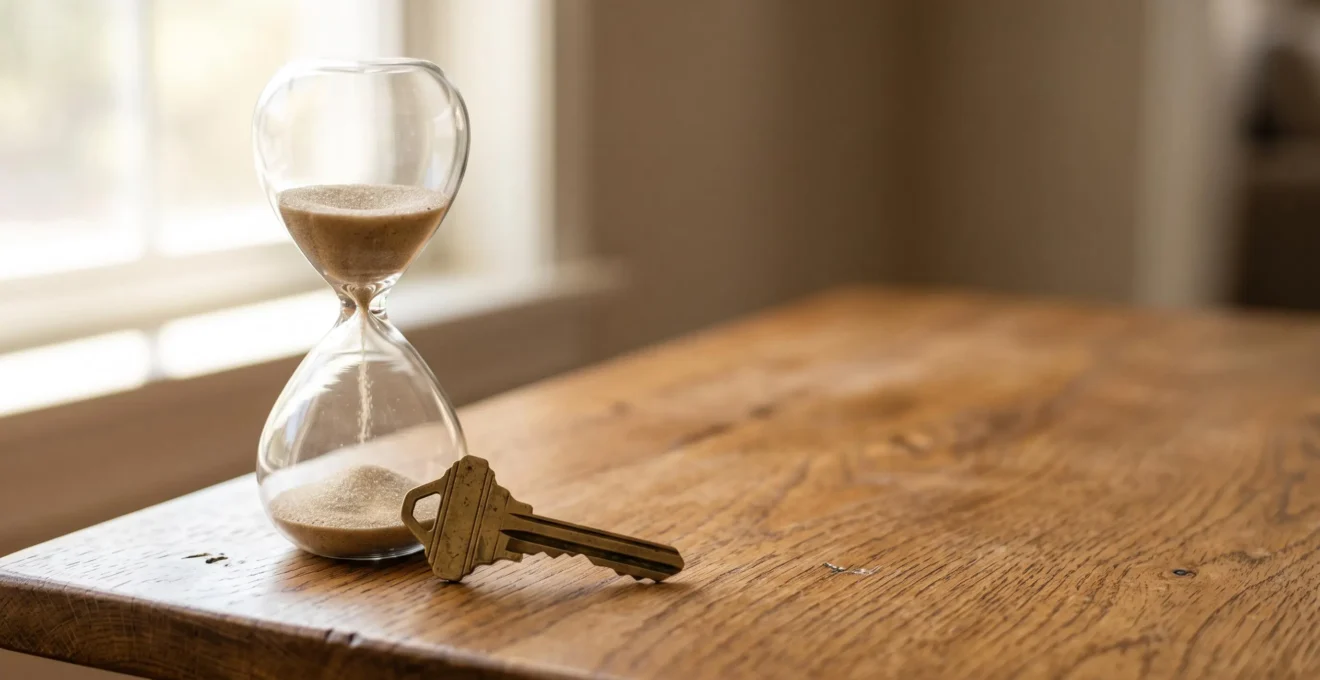 Clé de maison posée à côté d'un sablier sur une table en bois, symbolisant l'accélération d'une vente immobilière