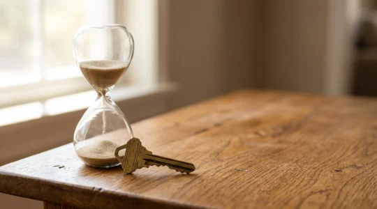Clé de maison posée à côté d'un sablier sur une table en bois, symbolisant l'accélération d'une vente immobilière