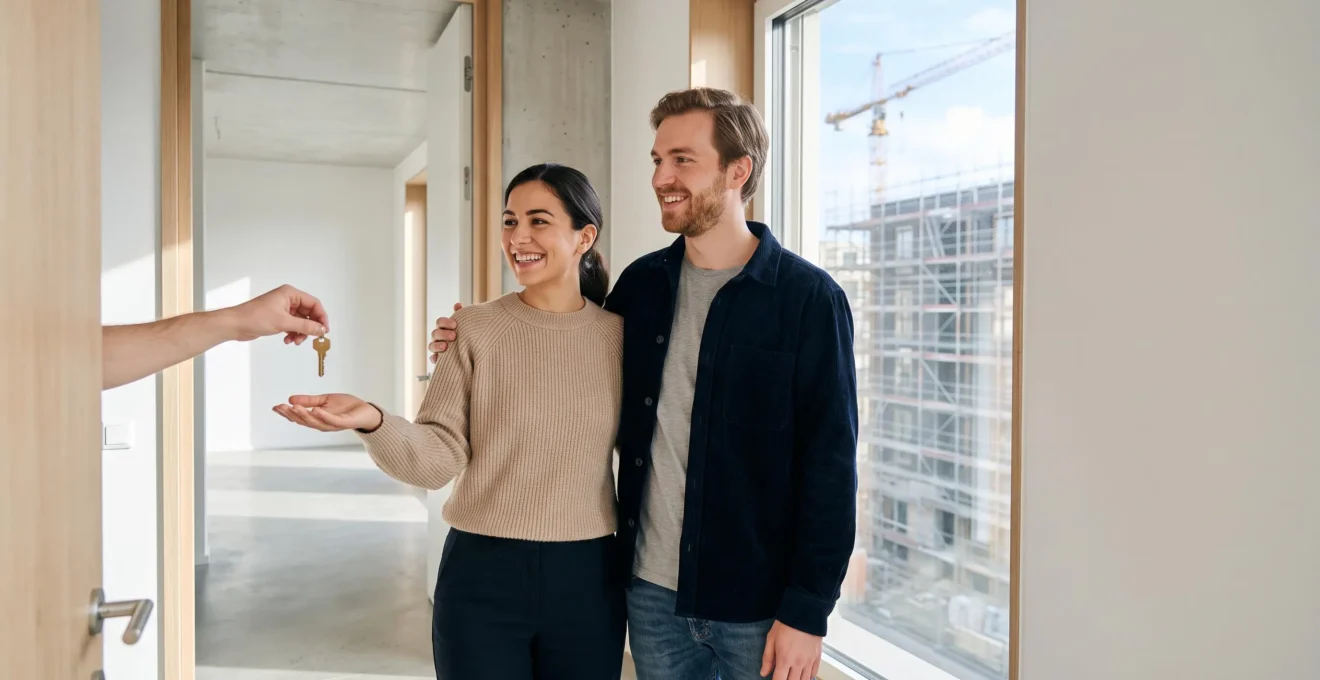 Jeune couple recevant les clés de leur appartement neuf devant un immeuble en construction, symbole d'un achat VEFA maîtrisé