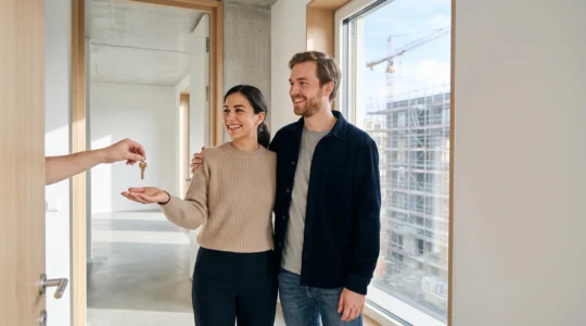 Jeune couple recevant les clés de leur appartement neuf devant un immeuble en construction, symbole d'un achat VEFA maîtrisé