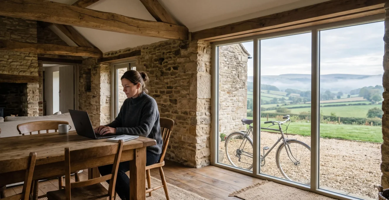 Une personne travaillant sur un ordinateur portable dans une grange rénovée avec vue sur la campagne, symbolisant l'équilibre entre télétravail et vie rurale