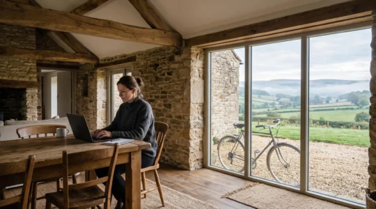 Une personne travaillant sur un ordinateur portable dans une grange rénovée avec vue sur la campagne, symbolisant l'équilibre entre télétravail et vie rurale