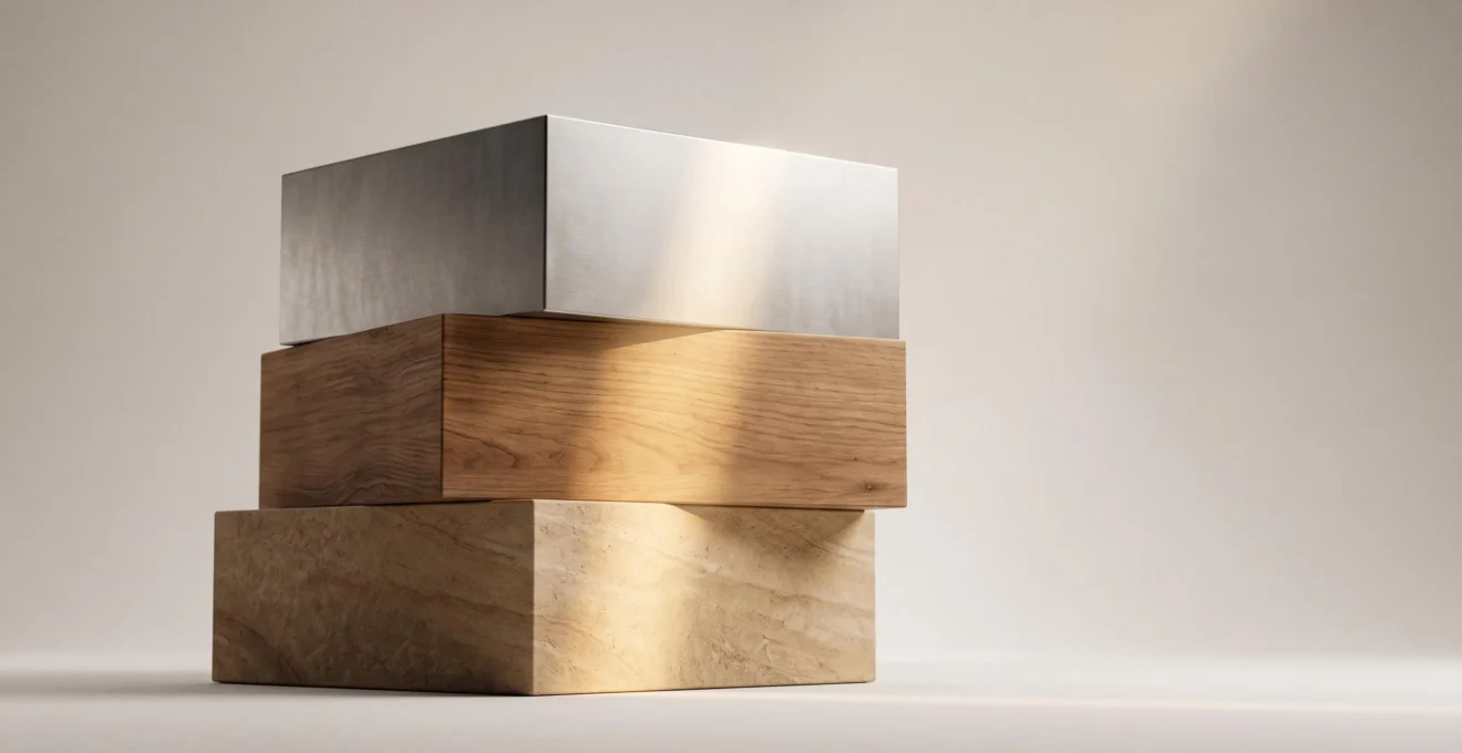 Maquette architecturale minimaliste illustrant trois strates superposées représentant le cumul d'avantages fiscaux immobiliers