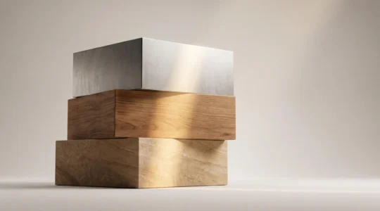 Maquette architecturale minimaliste illustrant trois strates superposées représentant le cumul d'avantages fiscaux immobiliers