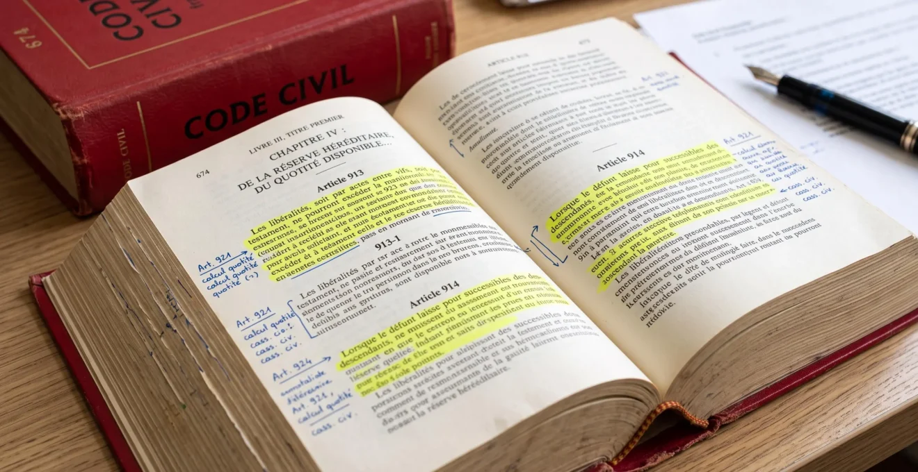 Code civil français ouvert sur les articles 912 à 917 relatifs à la réserve héréditaire, annotés et surlignés