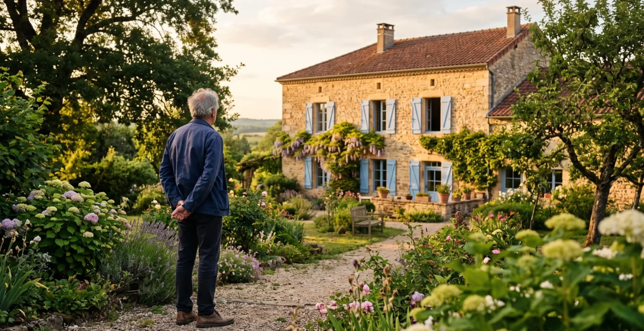 Senior observant la façade d'une maison familiale, réfléchissant à la transmission de son patrimoine immobilier