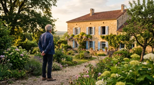 Senior observant la façade d'une maison familiale, réfléchissant à la transmission de son patrimoine immobilier