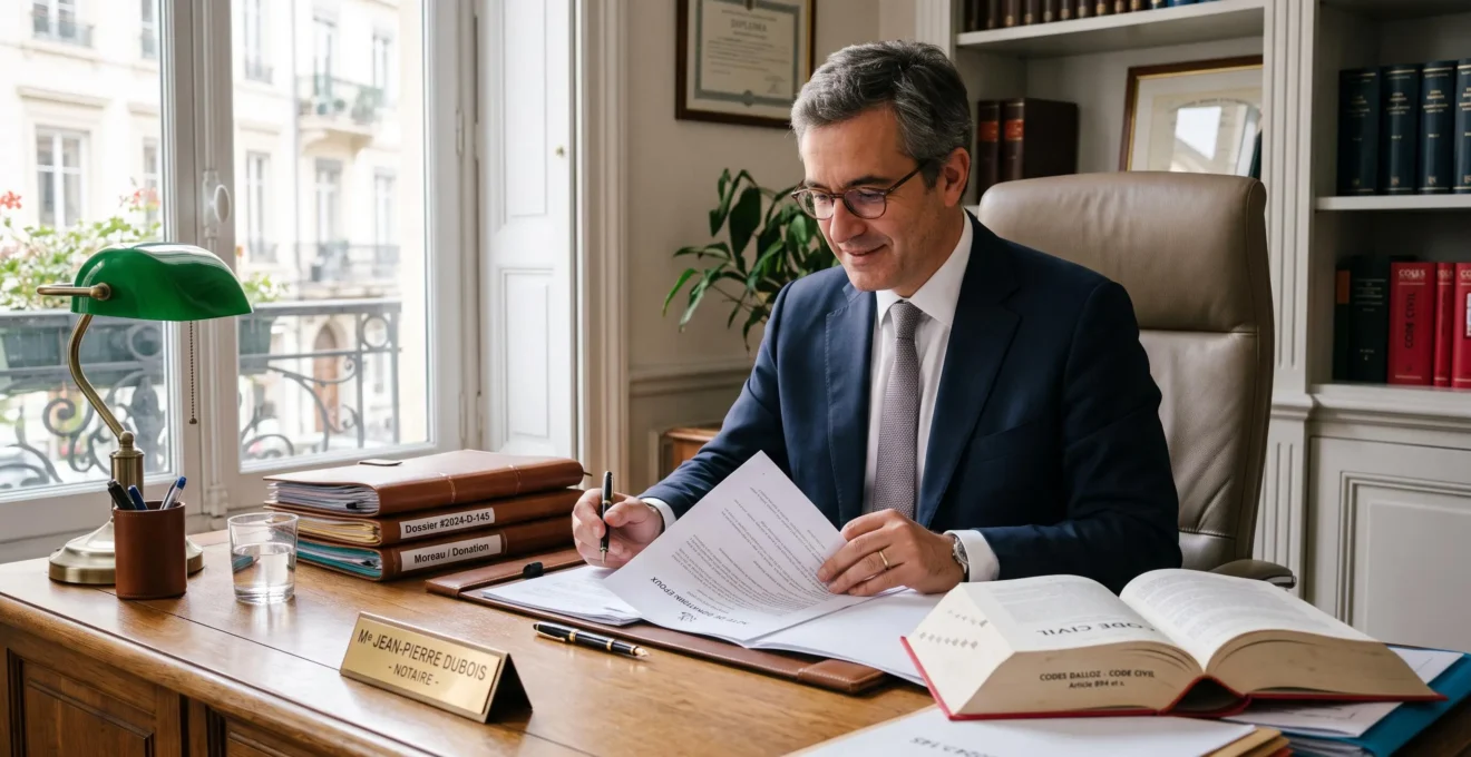 Notaire consultant des documents de donation dans son bureau, codes juridiques et dossiers en arrière-plan