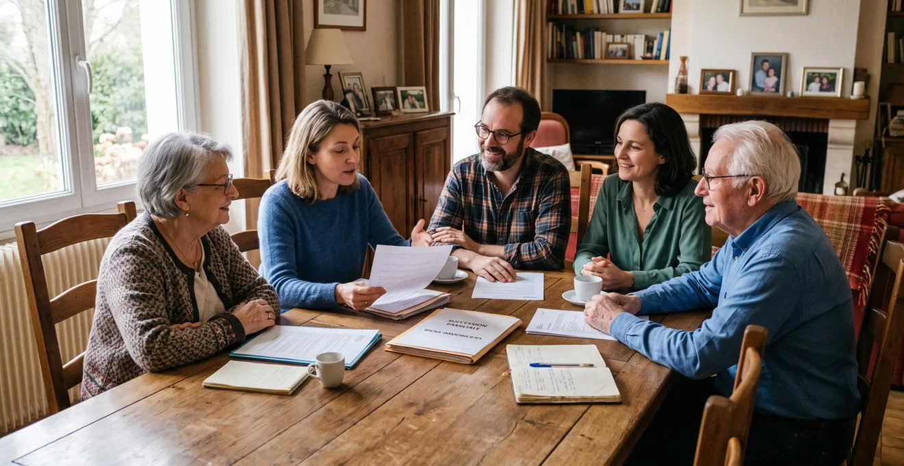 Famille multigénérationnelle réunie autour d'une table, discutant sereinement de questions de transmission patrimoniale